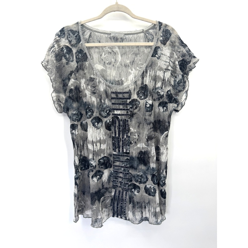 Per Una Gray Velvet Gauze Mesh Top 18 Italy Scoop Neck Stretch Mixed Media Boho - Picture 3 of 13